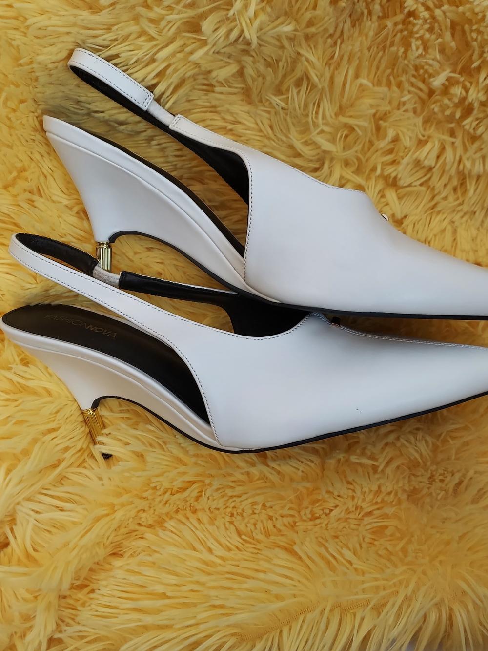 Fashion Nova White Slingback Pointed Kitten Heels with Gold Accent